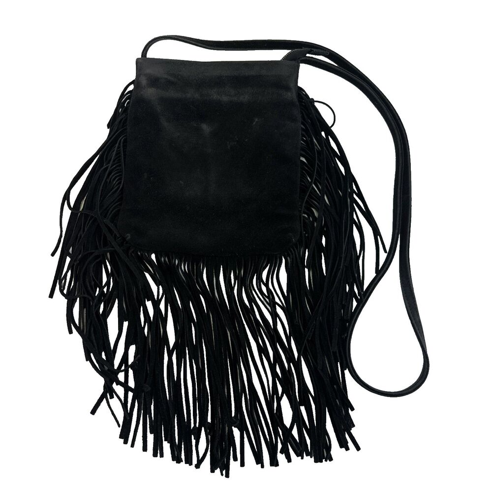 Monserat de Lucca Black Suede Fringe‎ Trim Purse Crossbody Bag Zip Festival Boho